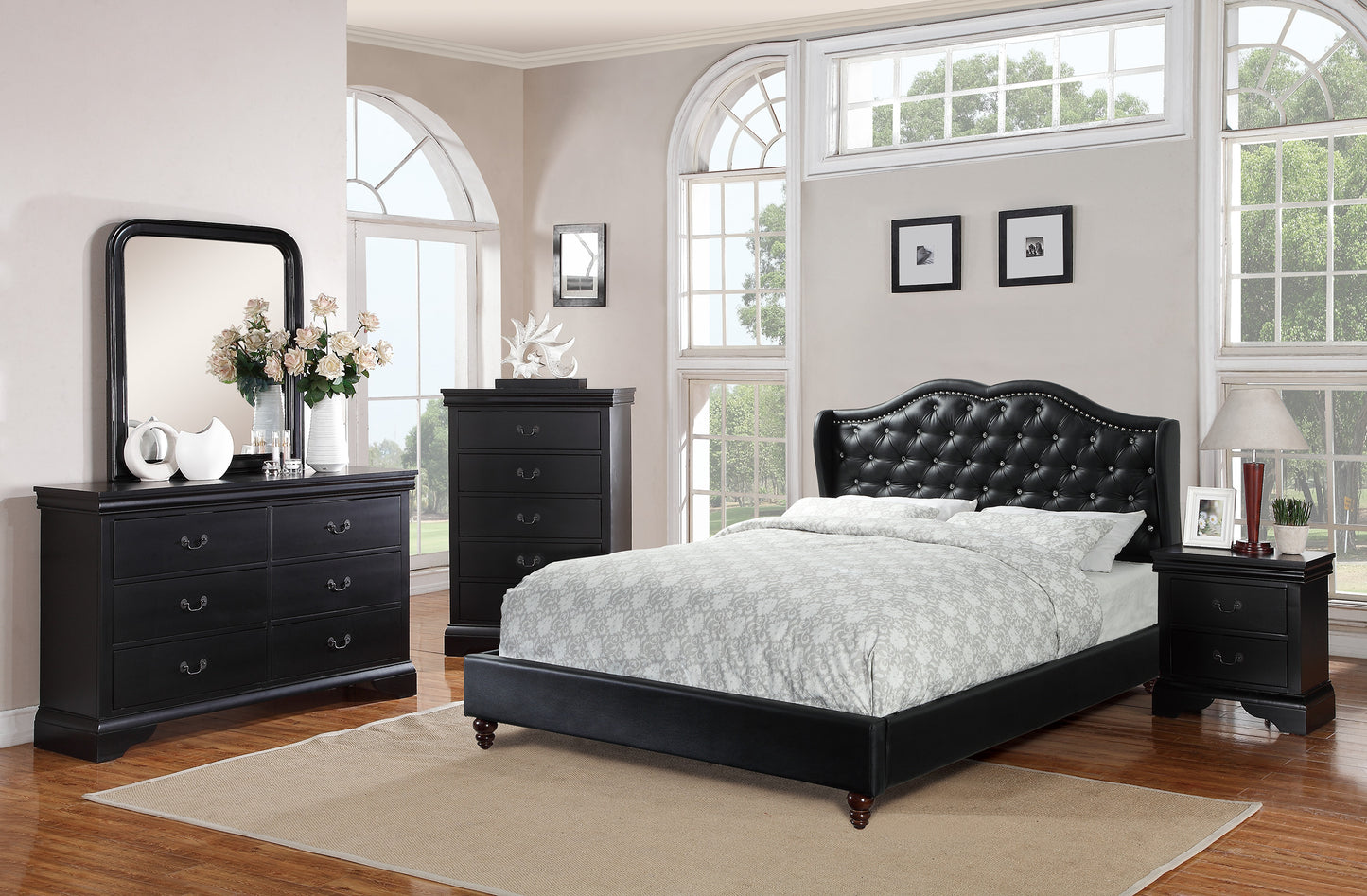 Black upholstered wingback bed frame with crystal tufting for master bedroom