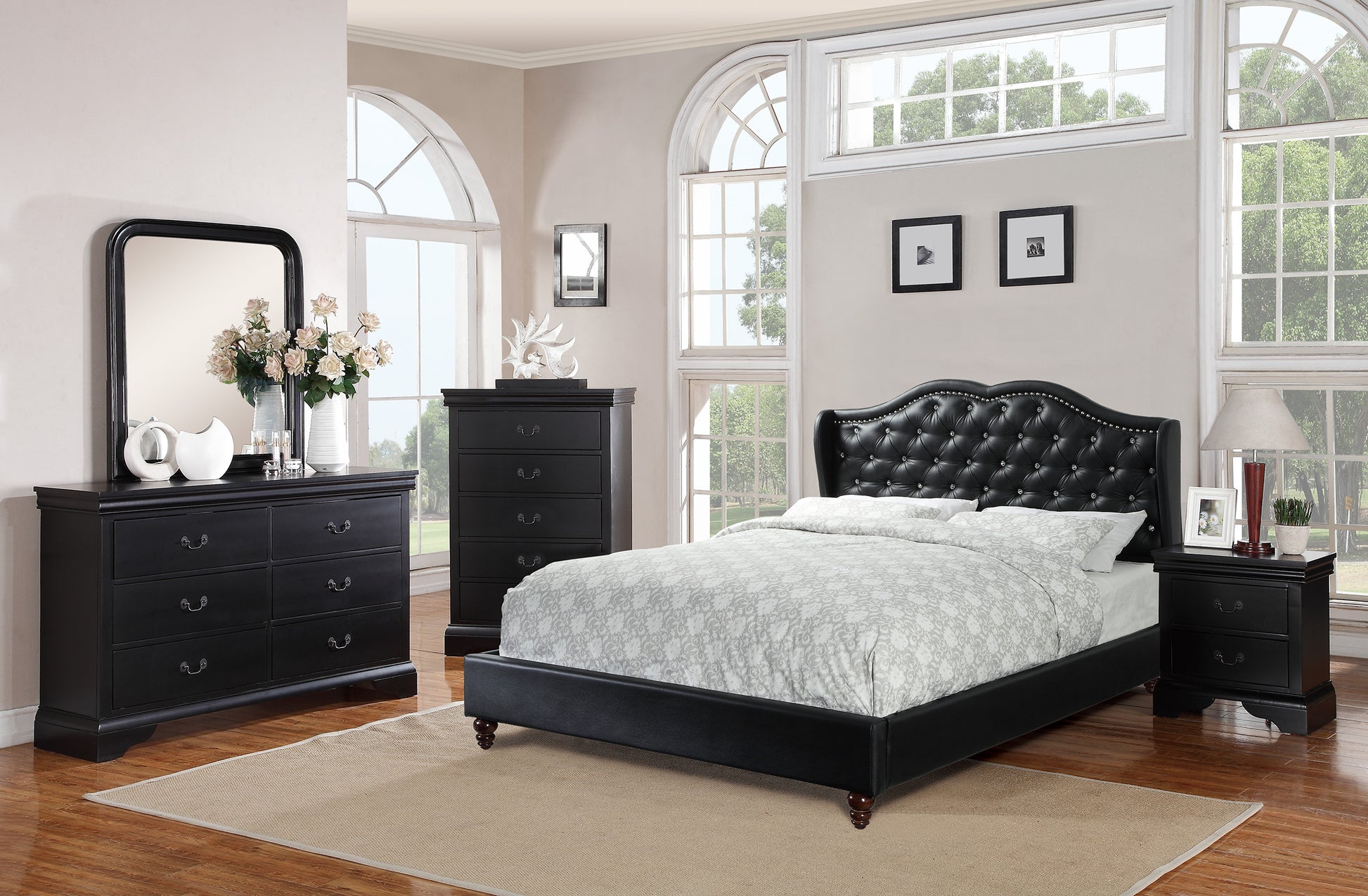 Black upholstered wingback bed frame with crystal tufting for master bedroom