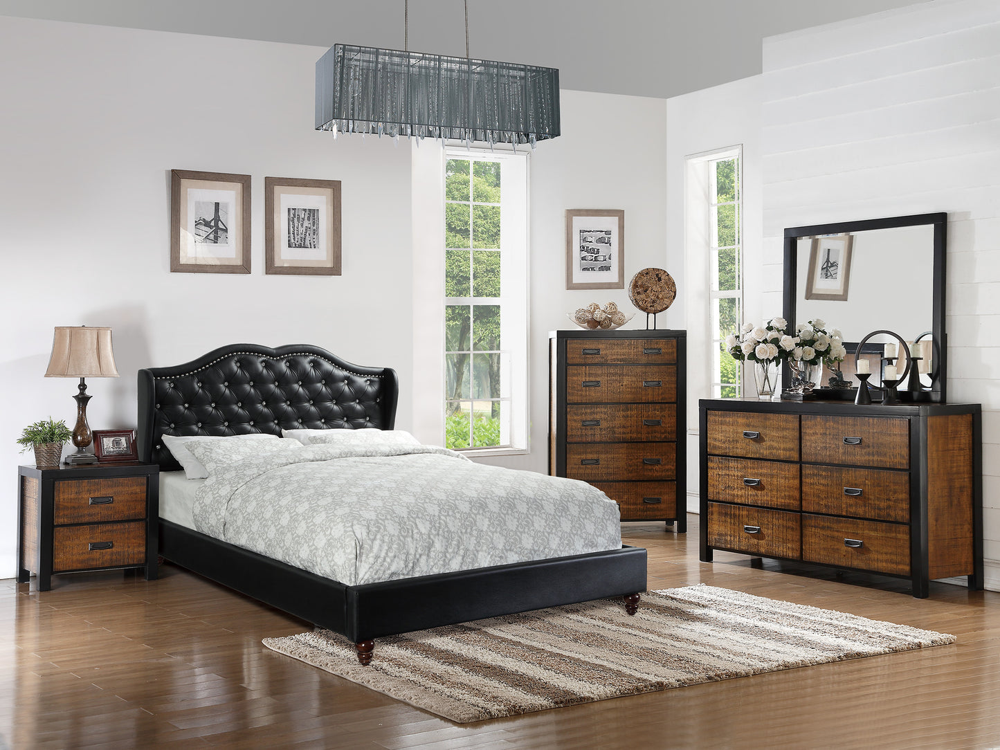 Black tufted headboard bed with diamondpatterned bedding and rustic nightstand