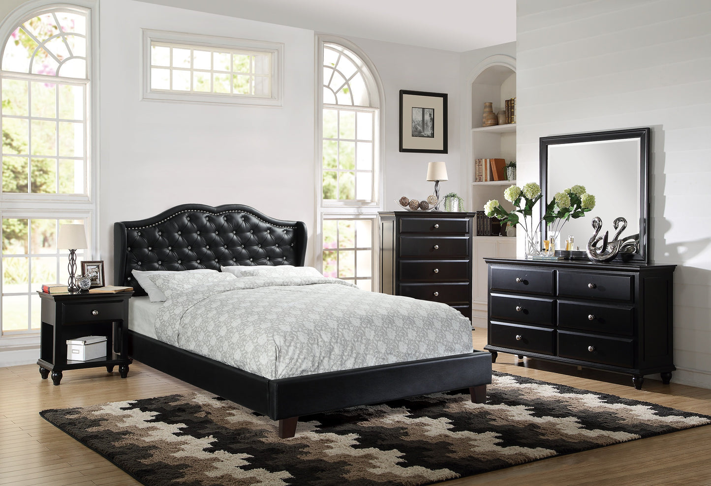 Black faux leather tufted king bed with crystal accents elegant bedroom furniture