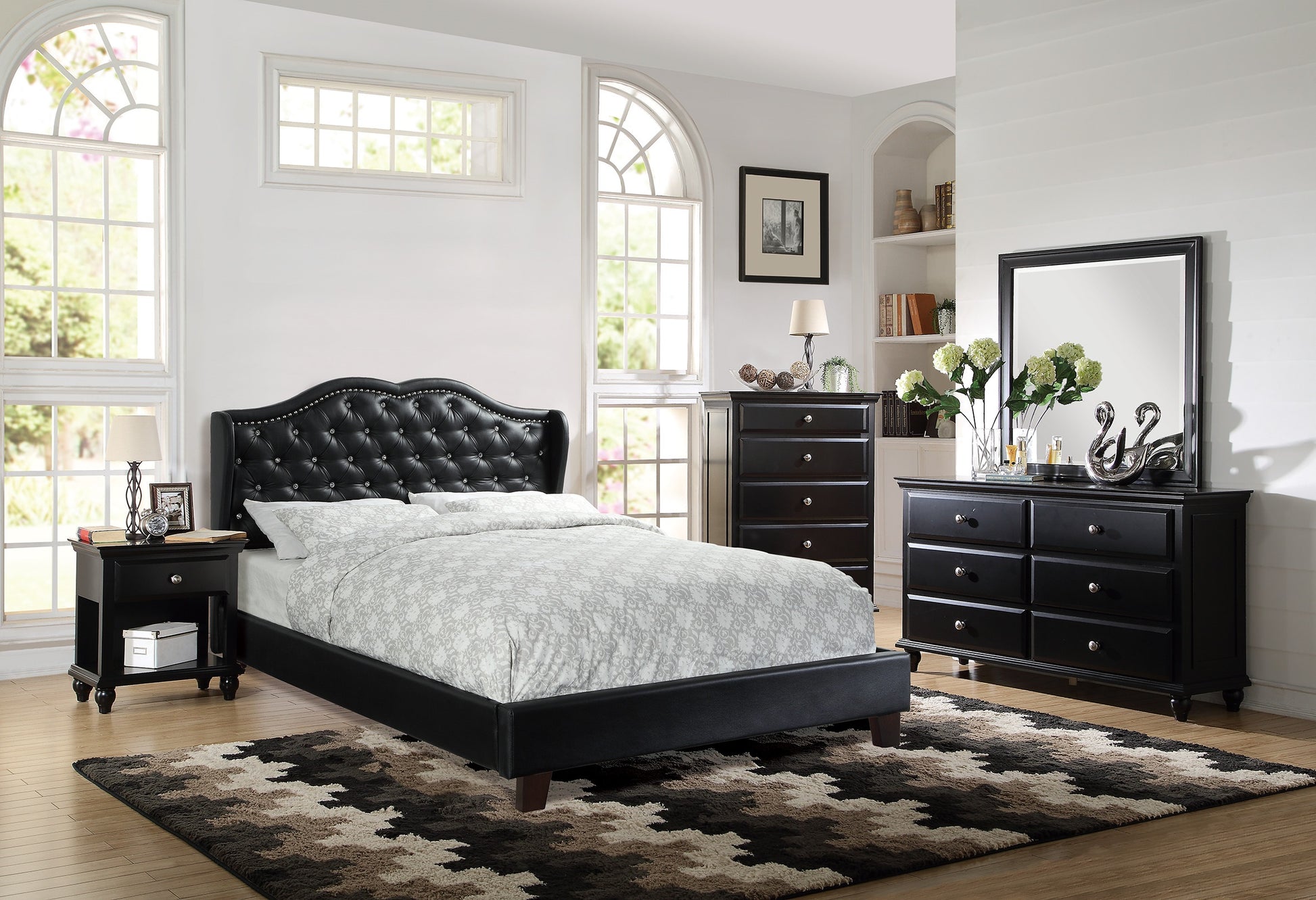 Black faux leather tufted king bed with crystal accents elegant bedroom furniture