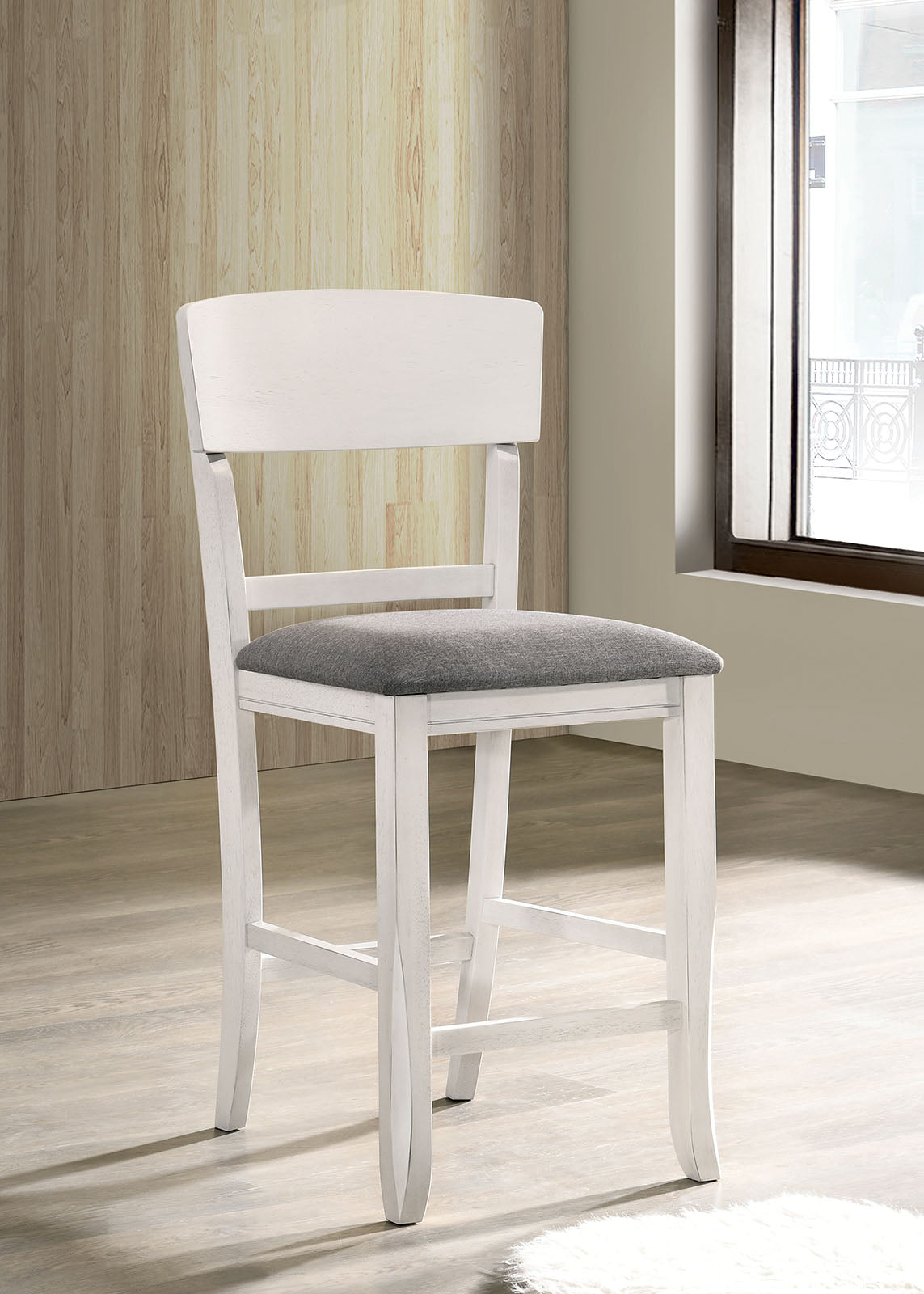 Distressed white counter stool with a grey upholstered seat ideal for kitchen islands