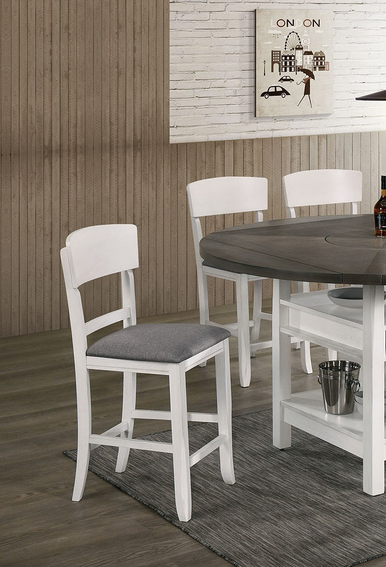 White wooden counter stool with gray upholstered seat and curved backrest