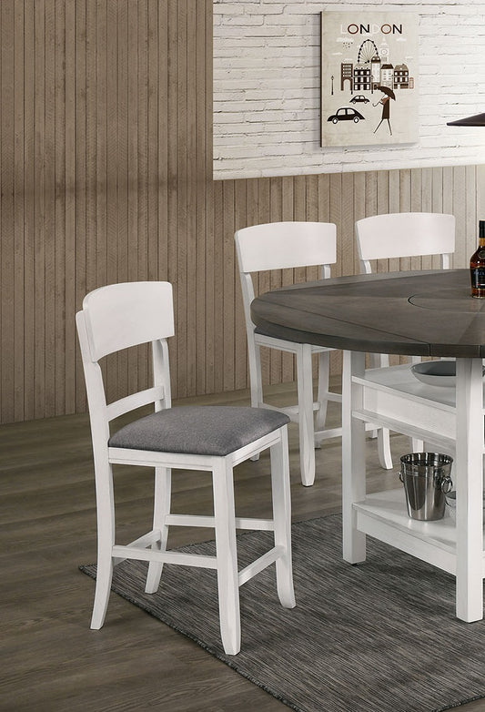 White wooden counter stool with gray upholstered seat and curved backrest