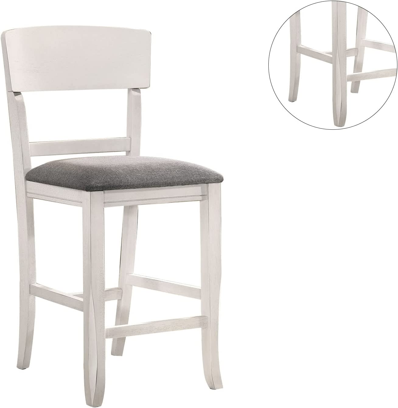 White wooden bar stool with gray upholstered seat and curved legs