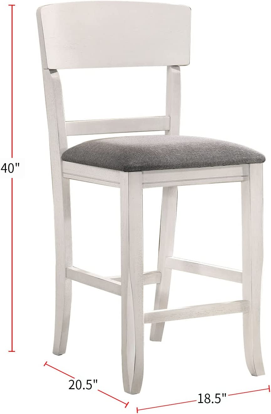 White wooden counter stool with gray fabric seat and back