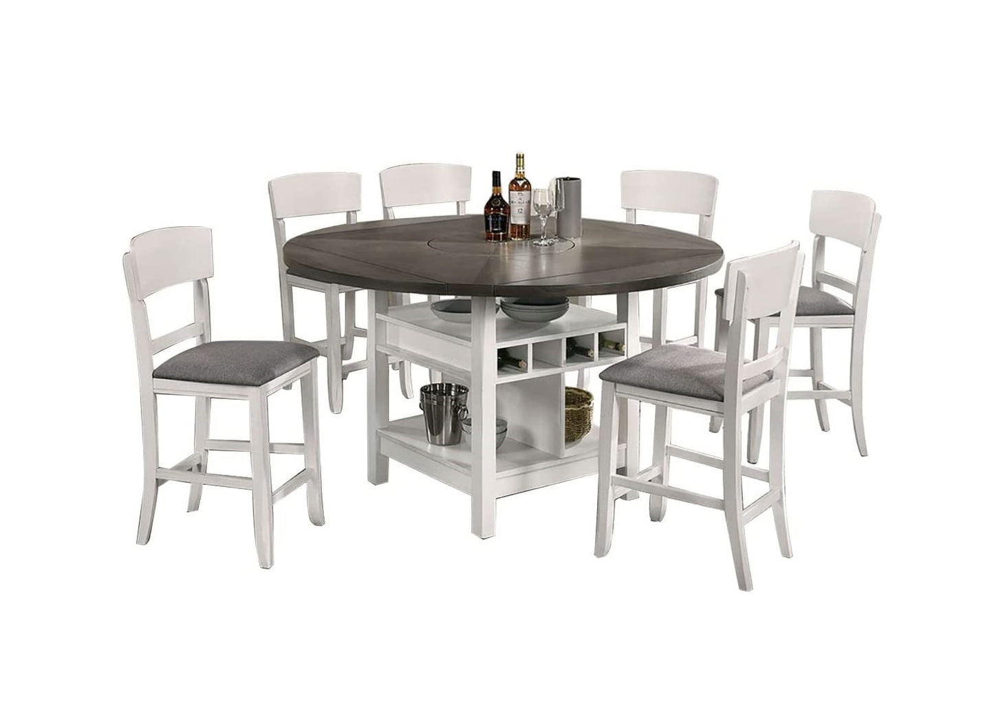 White and grey distressed wood round counter height table with seating for