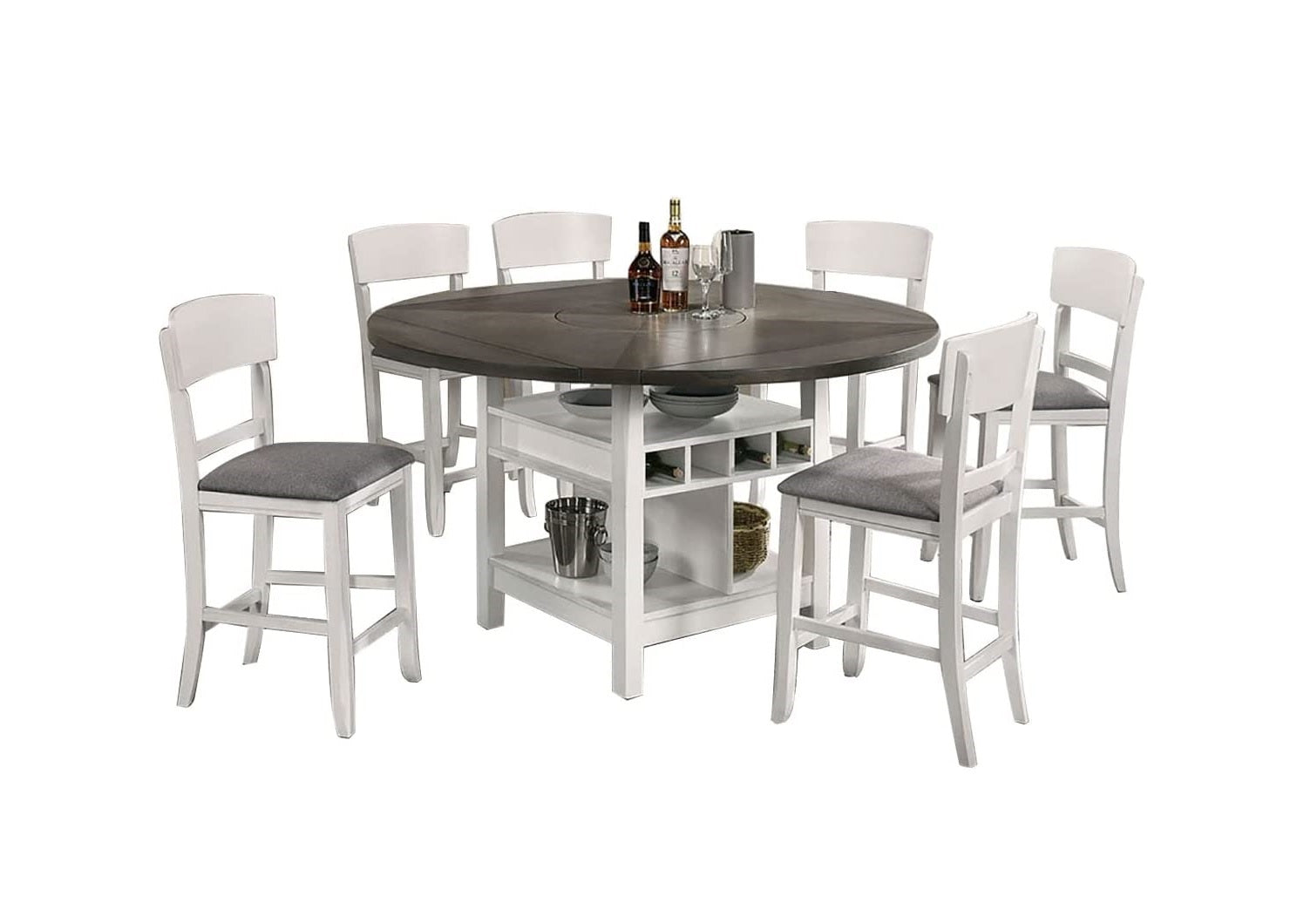 White and grey distressed wood round counter height table with seating for