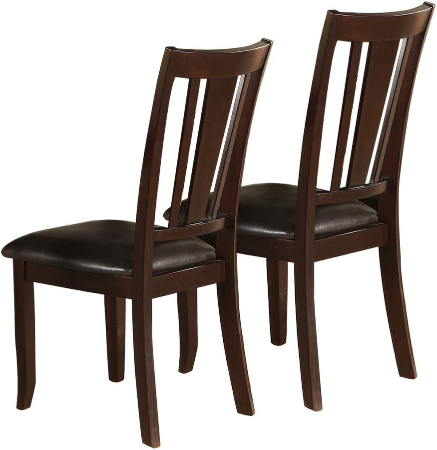 Two dark brown wooden dining chairs with dark upholstered seats elegant slat back design
