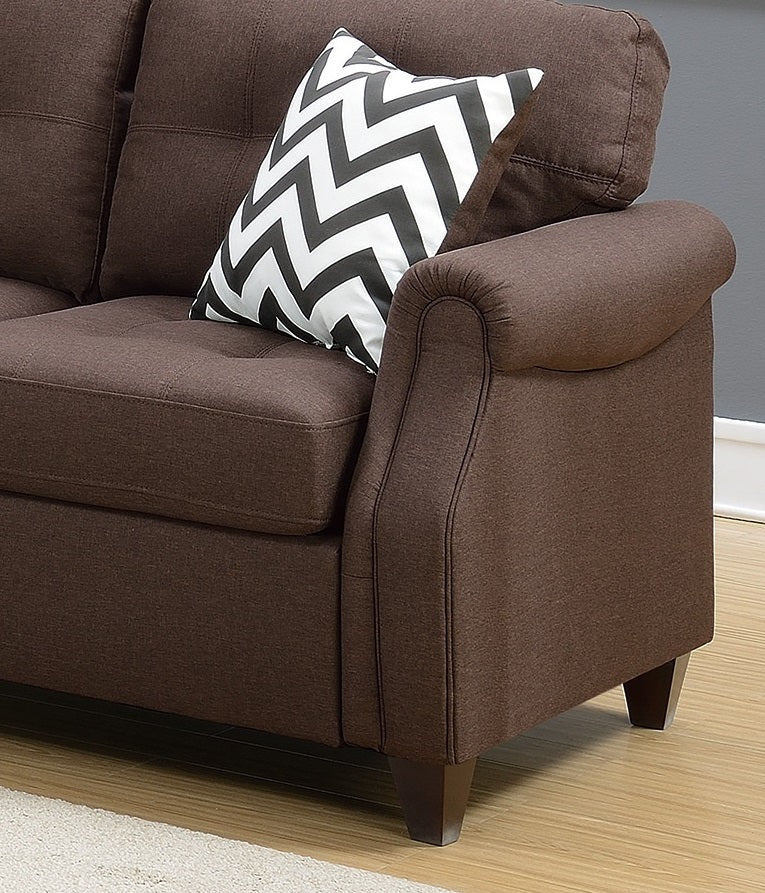 Brown fabric sofa with a black and white chevron pillow on its armrest for modern living rooms