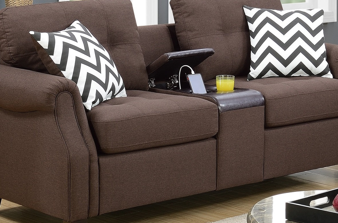 Brown fabric loveseat with builtin charging station and chevron pillows