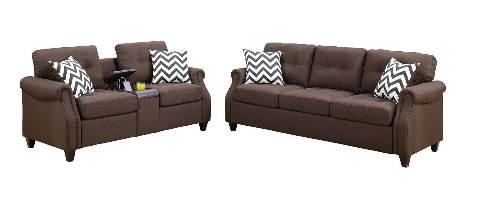 Brown fabric loveseat with builtin console and chevron pillows