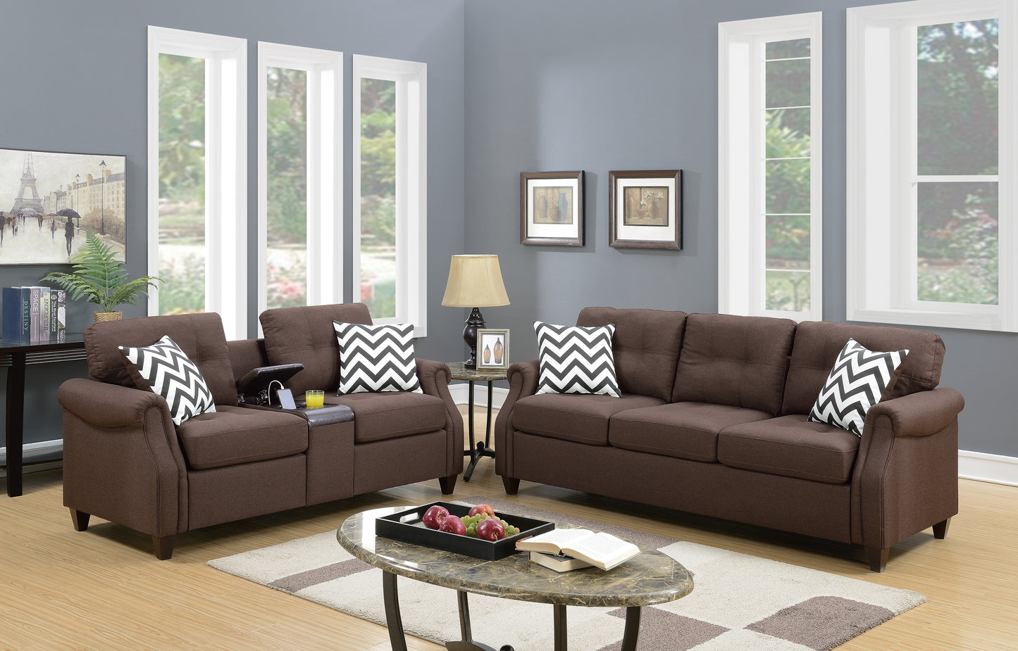 Brown fabric loveseat with tufted back and chevron pillow for cozy living room seating