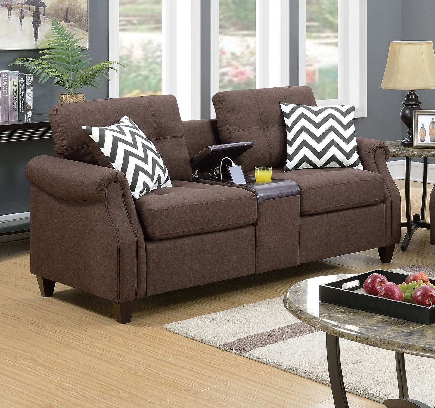 Brown fabric loveseat with tufted back cushions and builtin storage console