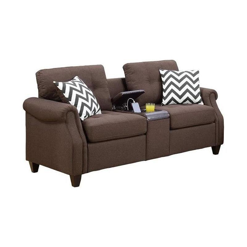 Brown fabric loveseat with builtin console and cup holder for home theater seating