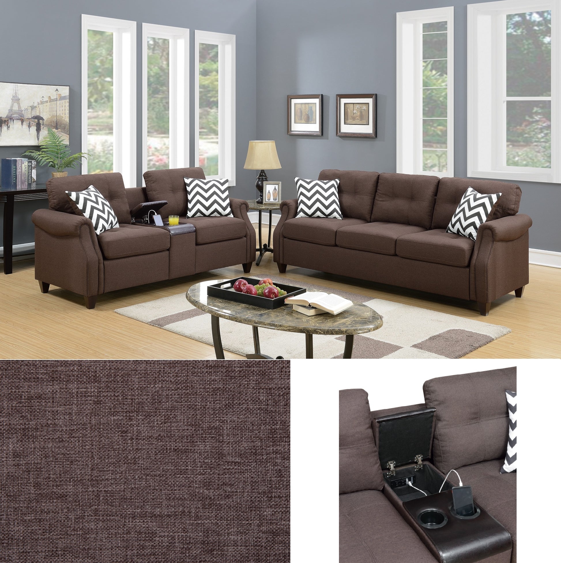 Brown fabric sofa with tufted back cushions and chevron pillows