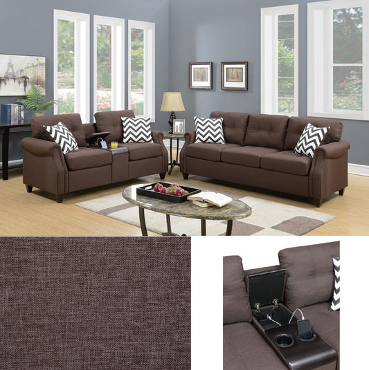 Brown fabric sofa with tufted back cushions and chevron pillows