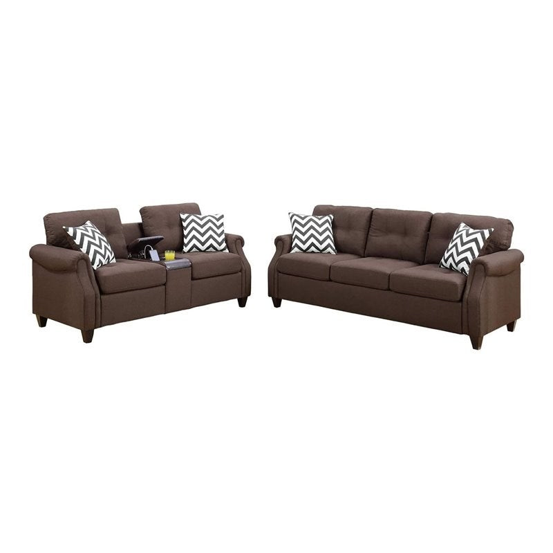 Brown fabric loveseat with chevron pillows and builtin cup holder