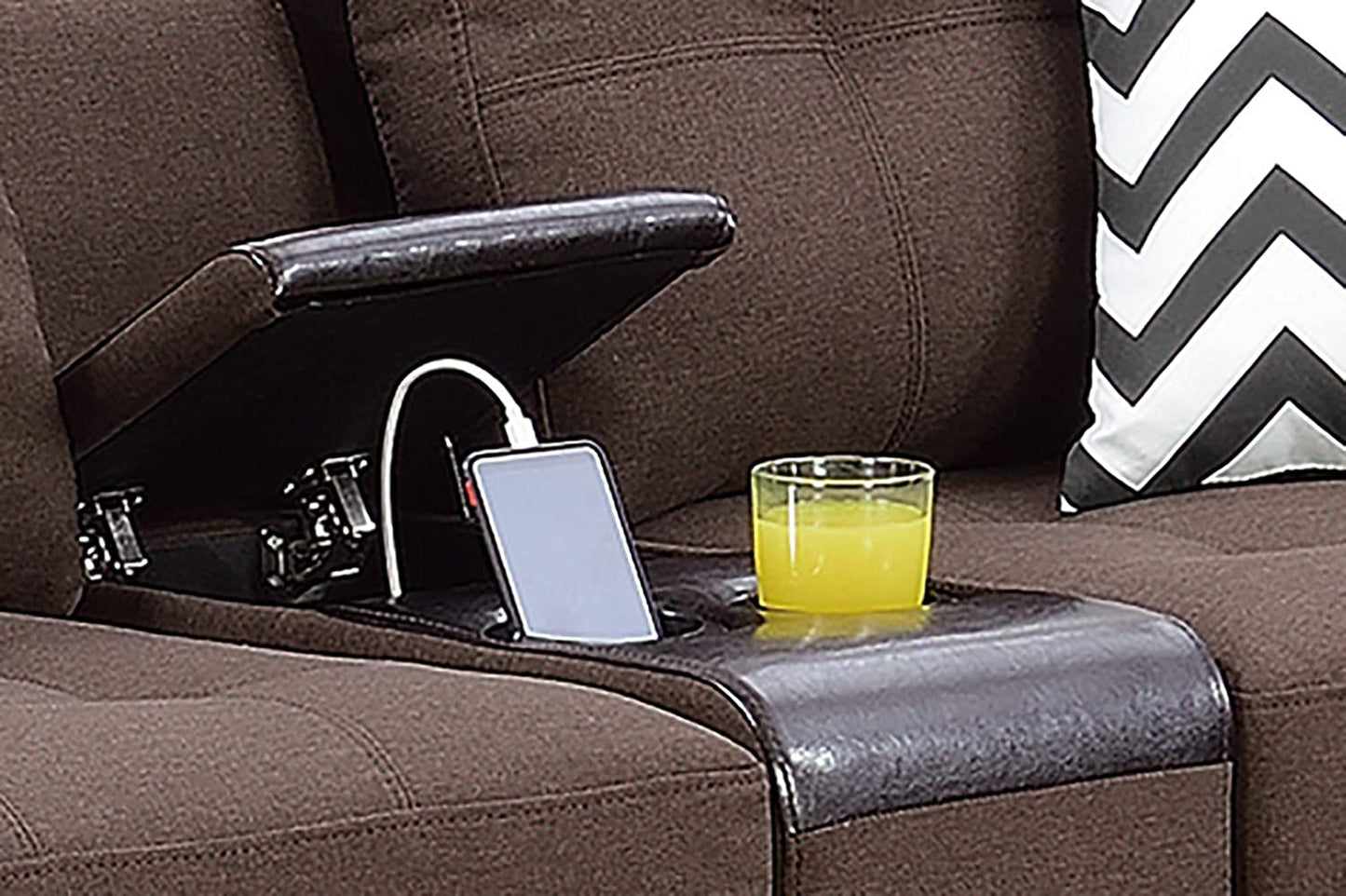 Brown fabric sectional sofa armrest with integrated phone charger and cup holder