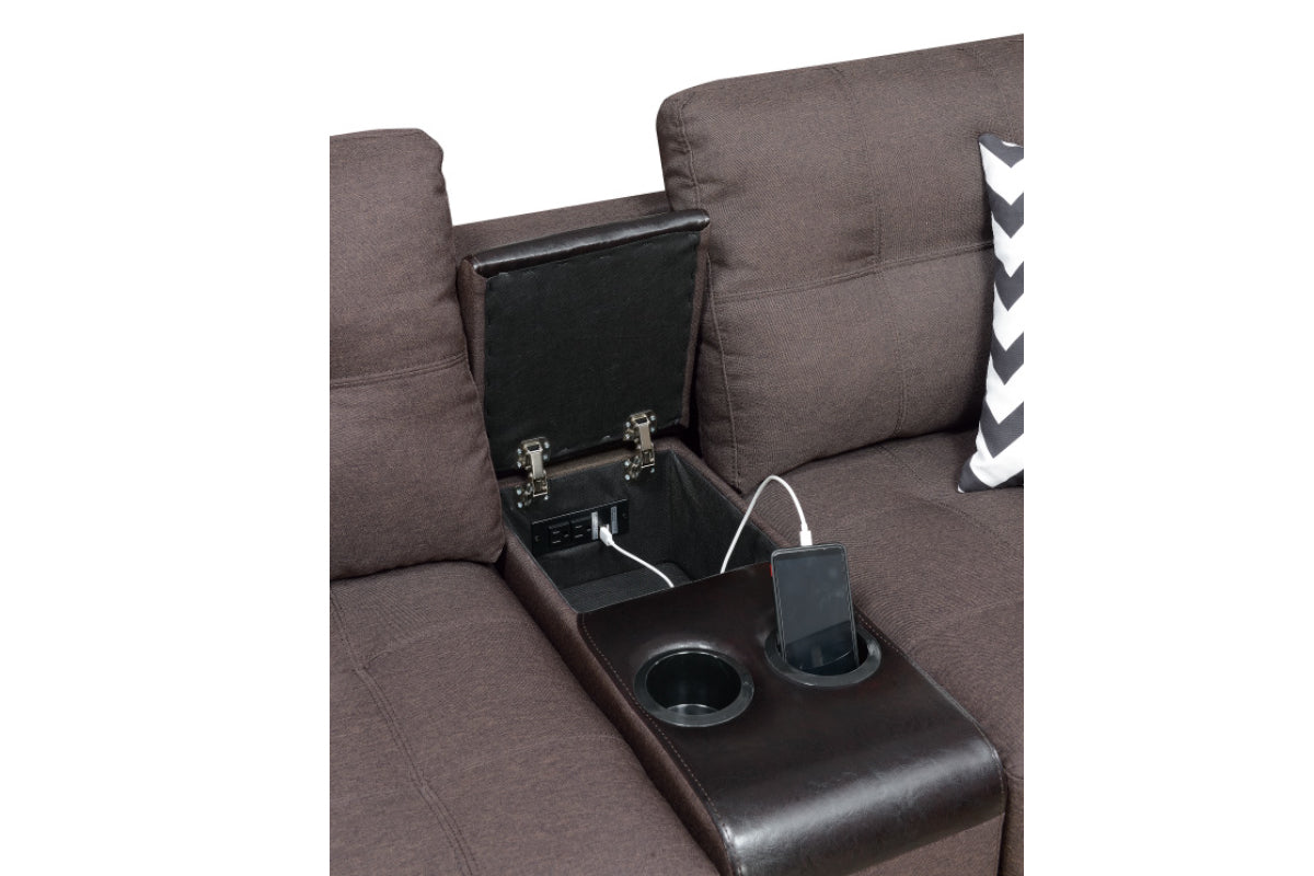 Brown fabric sectional sofa armrest with builtin storage USB ports and cup holders