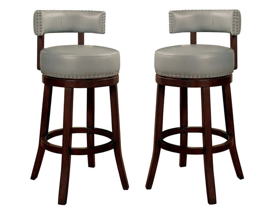 Two light grey leatherette bar stools with dark wood base and brass studs