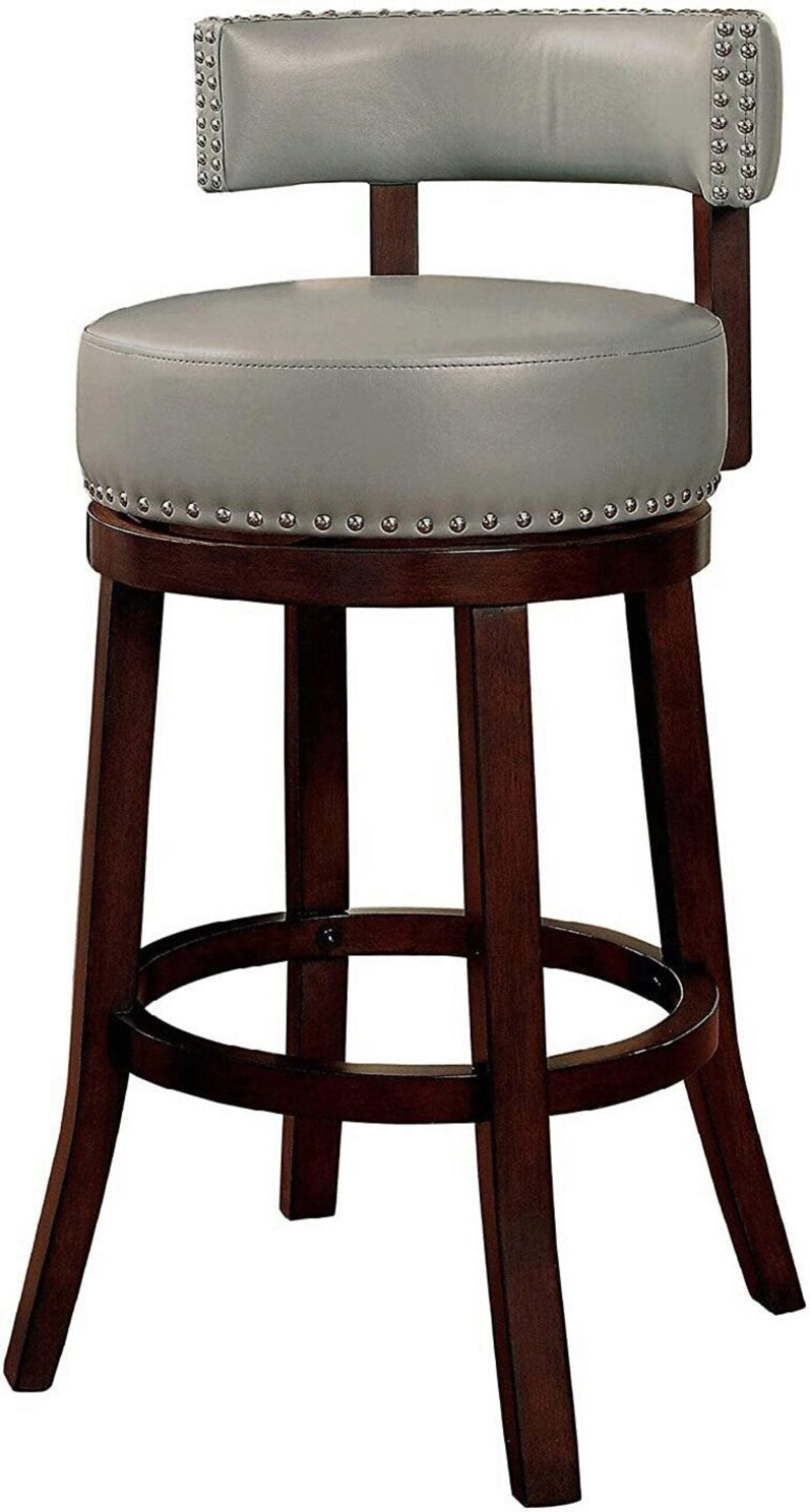 Gray upholstered swivel bar stool with dark wood legs and nailhead trim accents