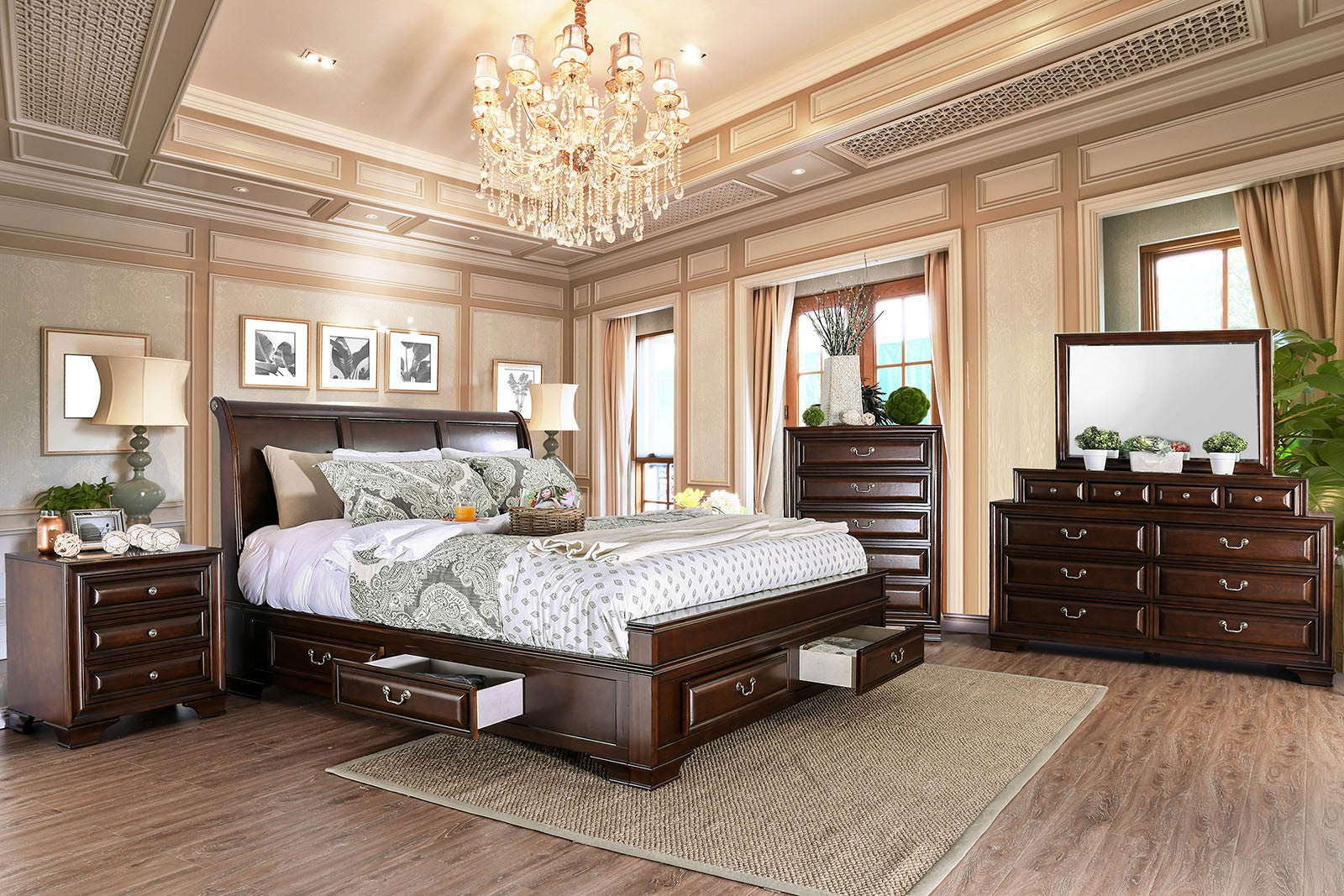 Dark cherry wood sleigh bed with storage drawers and coordinating nightstand