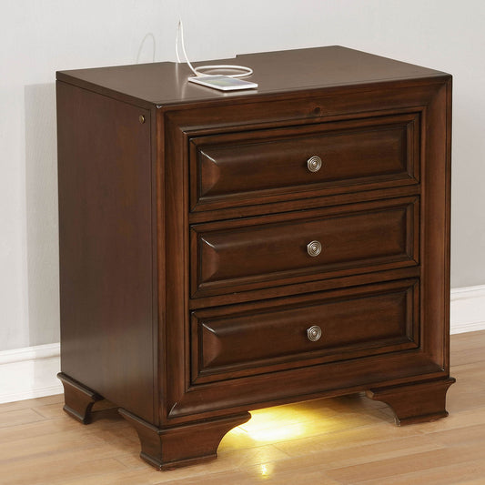 TREATLIFE HOME Transitional Solid Wood Nightstand with Three Drawers and Under Nightlight, Brown Cherry Finish