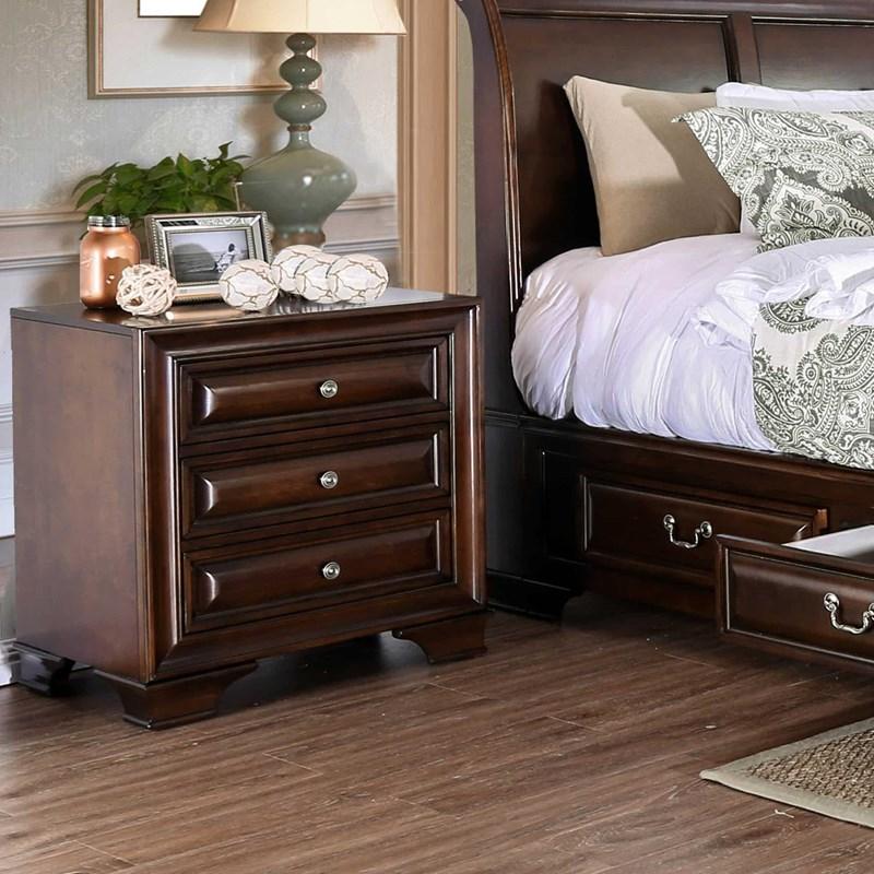 Dark wood nightstand with three drawers and silver knobs