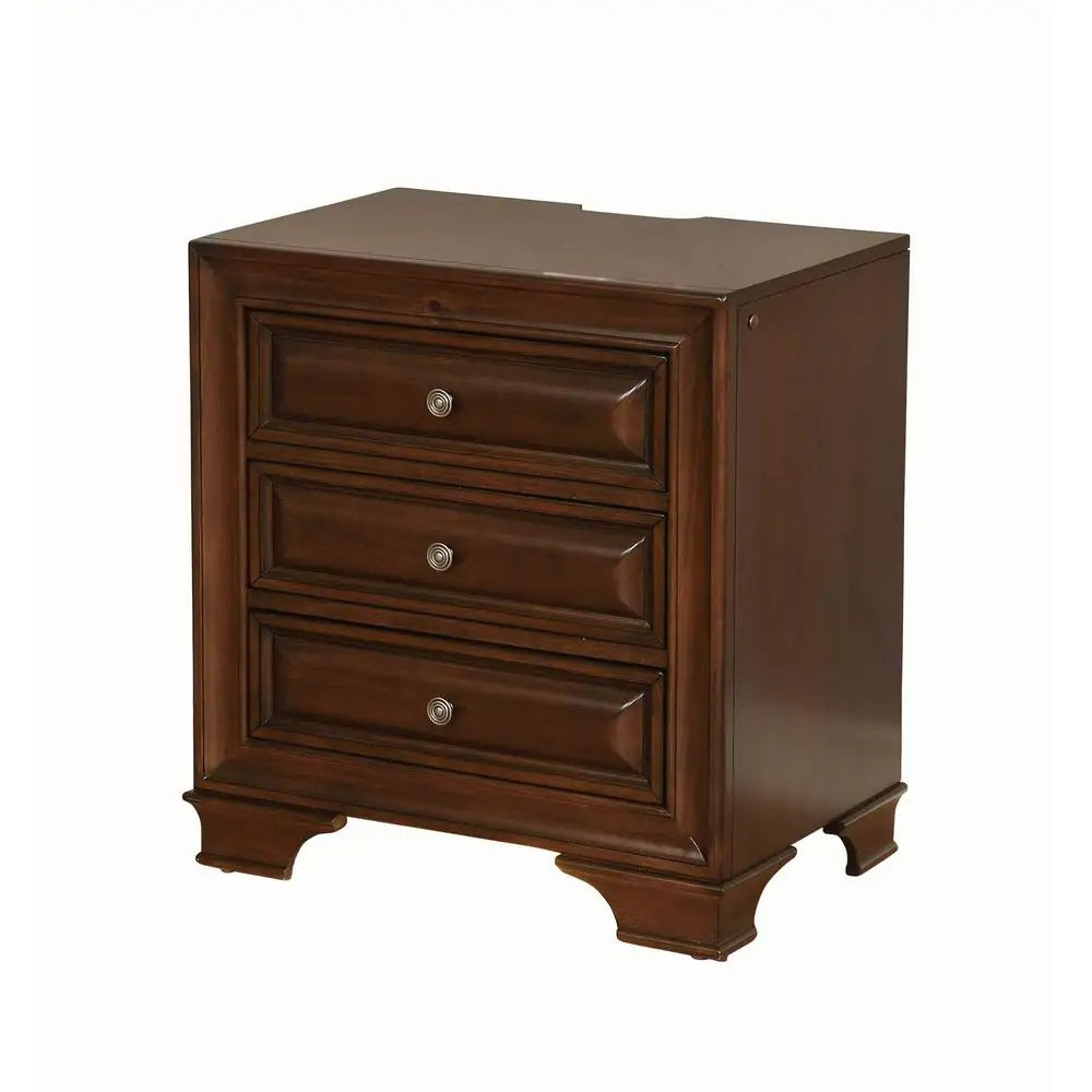 Rich brown wood nightstand with three drawers and silver knobs classic design
