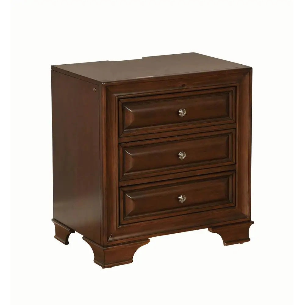 Dark cherry wood threedrawer nightstand with silver knobs and classic design