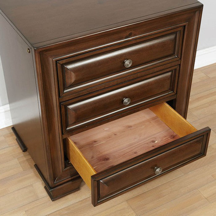 Dark brown wooden bedside table with three drawers and silver knobs