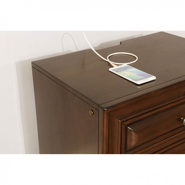 Dark wood nightstand with integrated USB charging port and smartphone