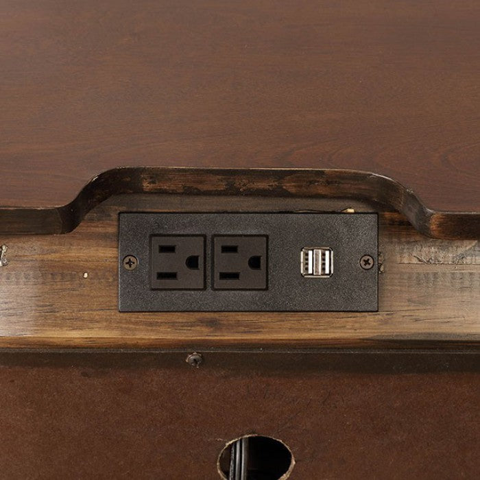 Integrated power strip with dual AC outlets and USB ports on a distressed wood table