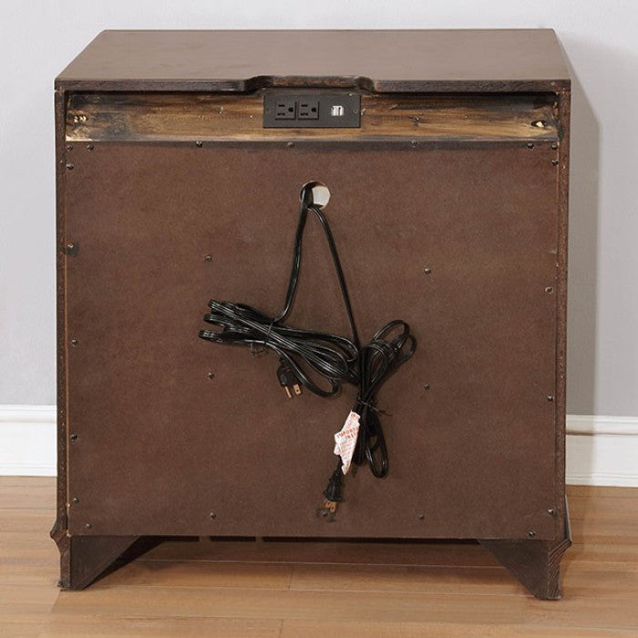 Rear view of a dark wood end table featuring integrated power strip with USB ports and outlet
