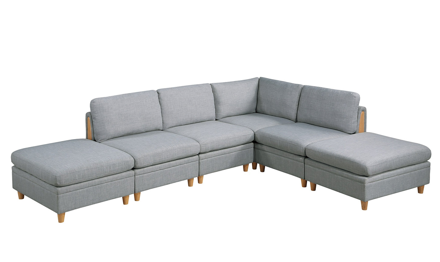 Modern grey fabric sectional sofa with wooden legs and two ottomans for living room comfort