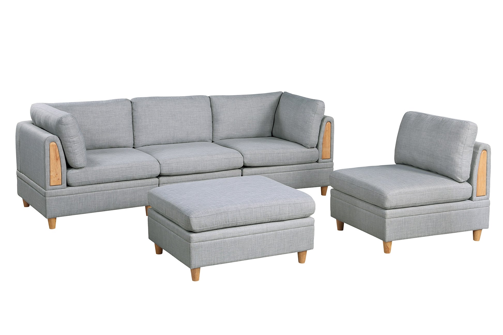Gray fabric modular sofa set with wooden arm accents and matching ottoman