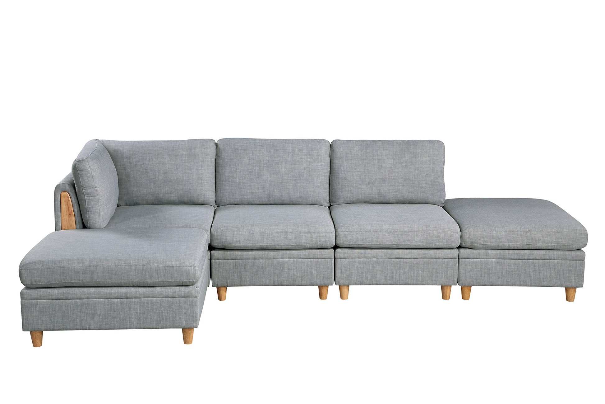 Gray sectional sofa with wood accents and tapered legs perfect for modern living rooms