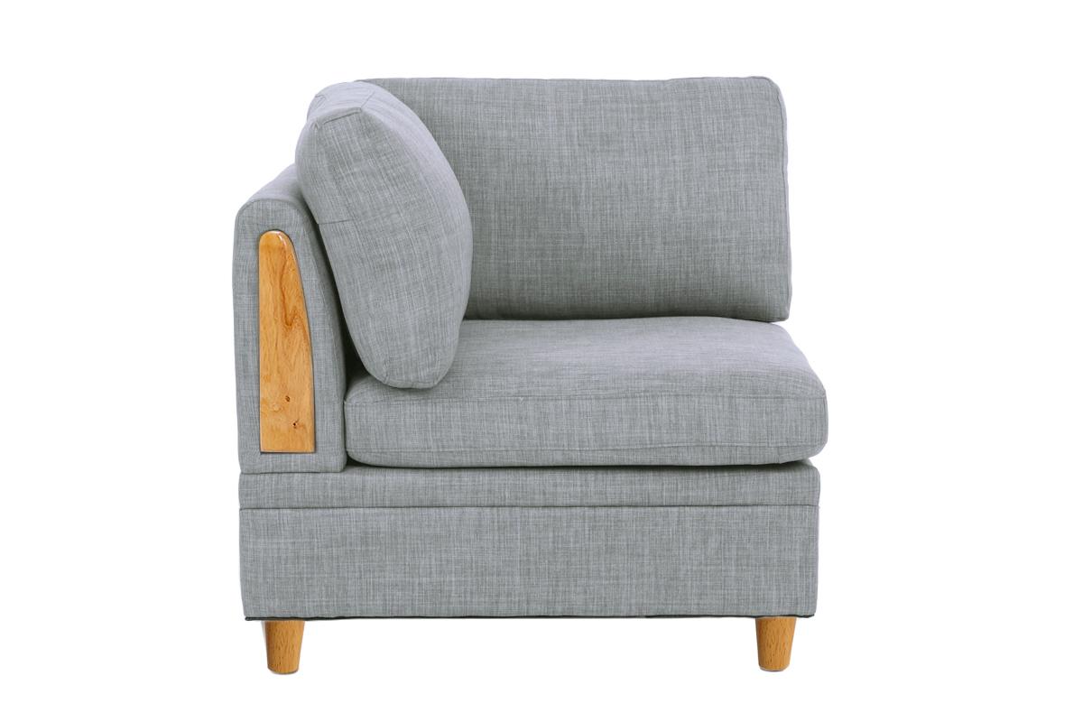Grey fabric modular sofa corner piece with wooden arm accent and short legs