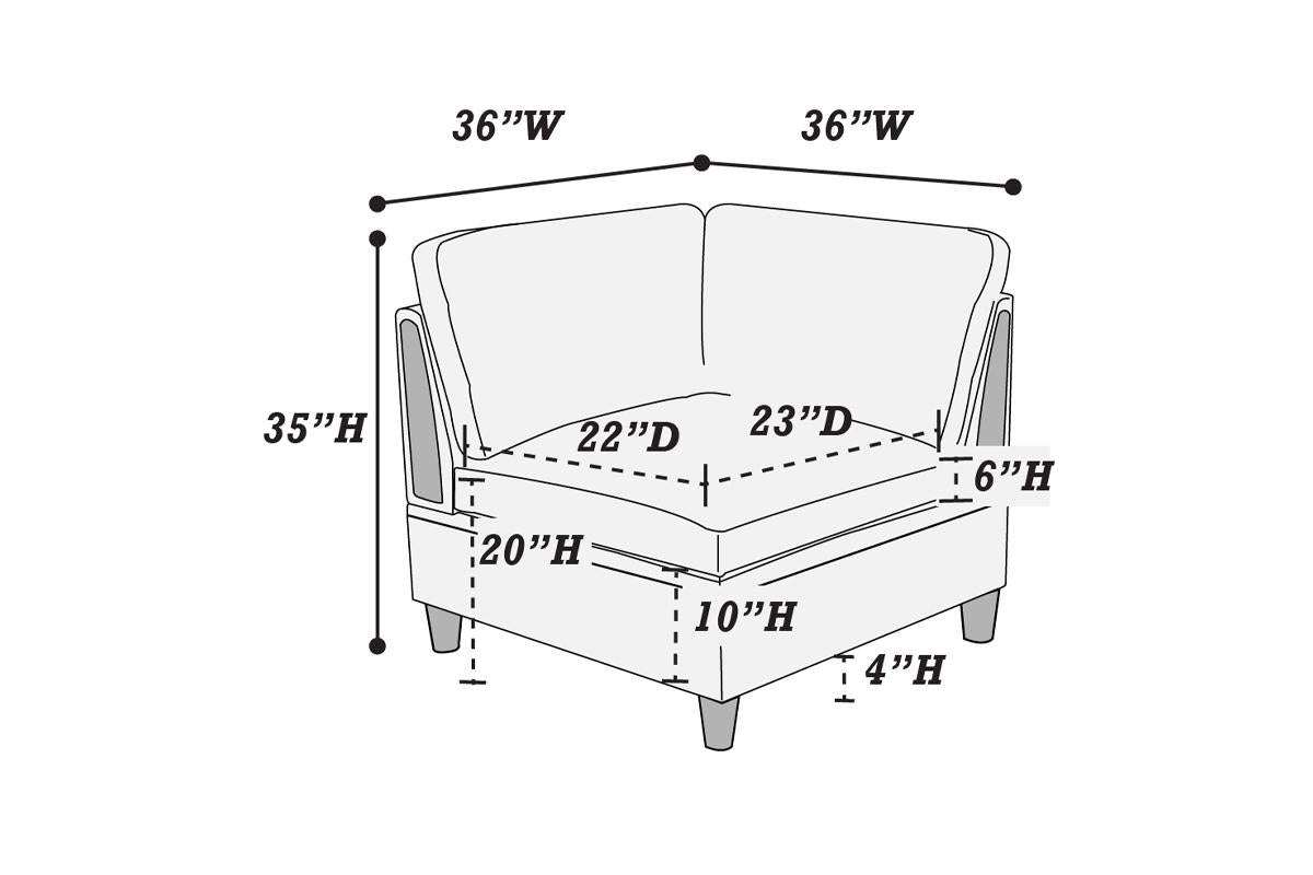 Diagram of a corner sectional sofa with dimensions H x W per seat