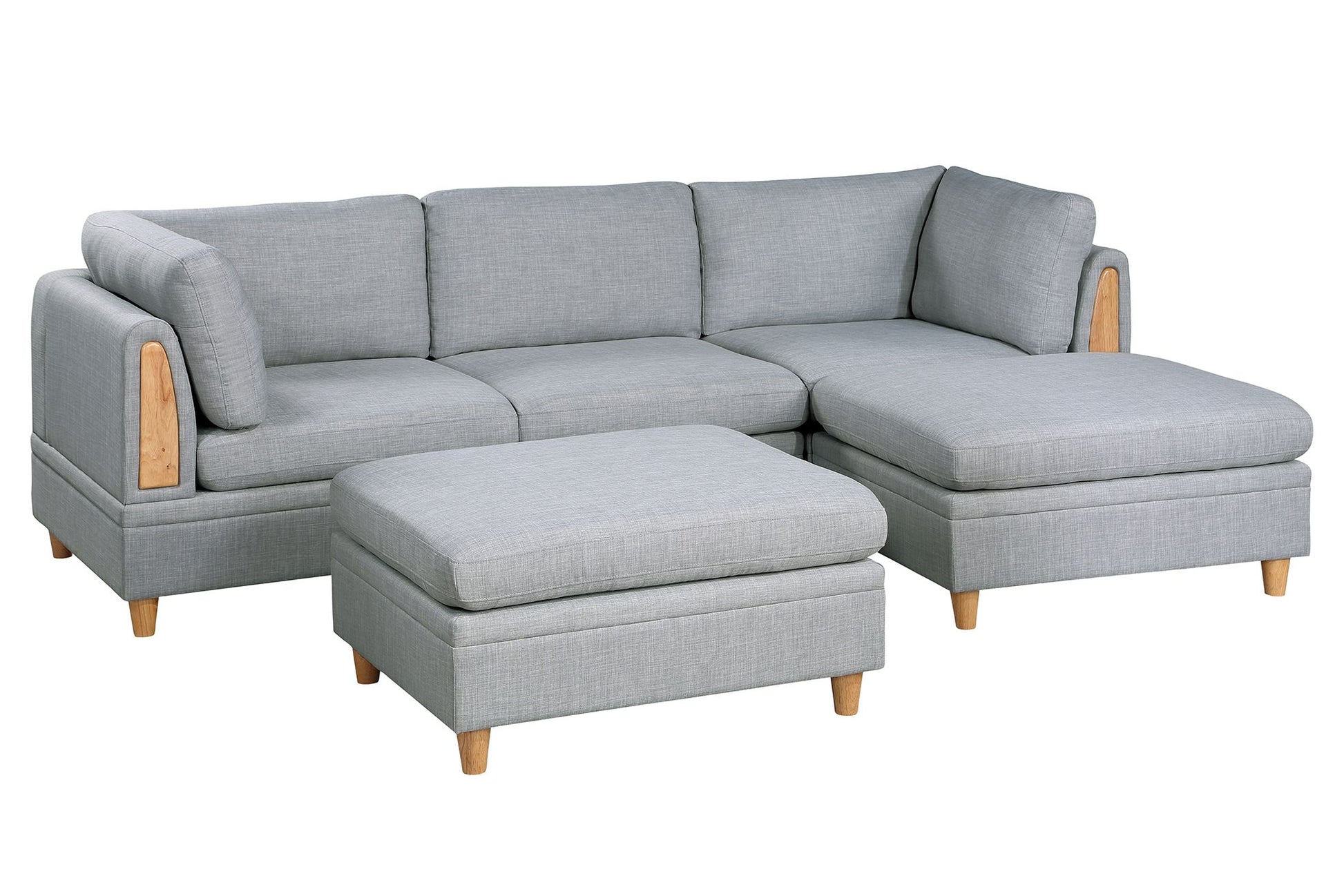 Light gray sectional sofa with wooden arm accents and matching ottoman for modern living rooms