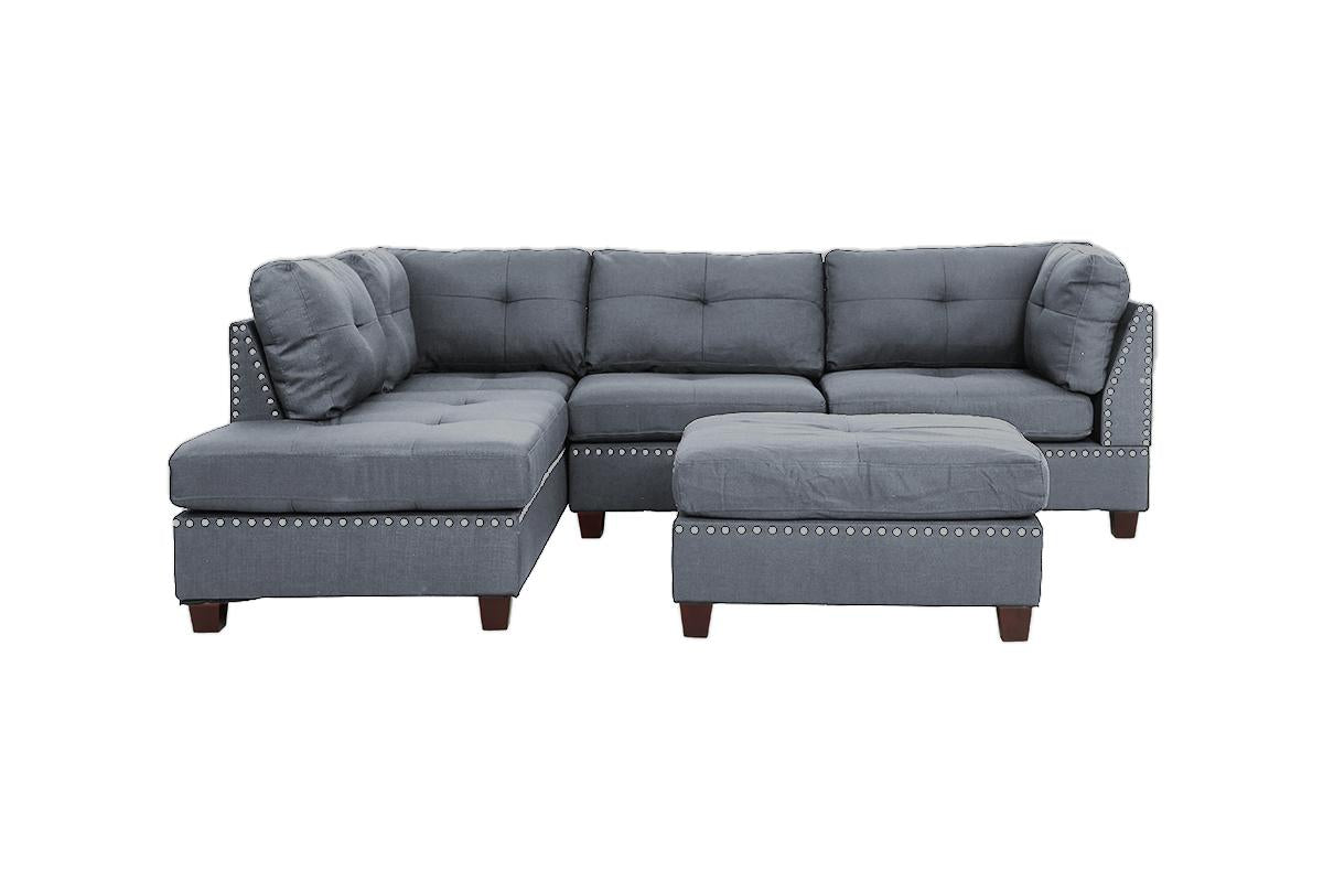 Tufted gray fabric sectional sofa with studded details and matching ottoman for a living room