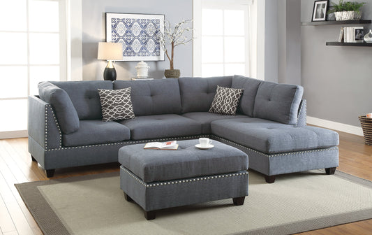 Tufted gray fabric sectional sofa with nailhead trim and matching ottoman