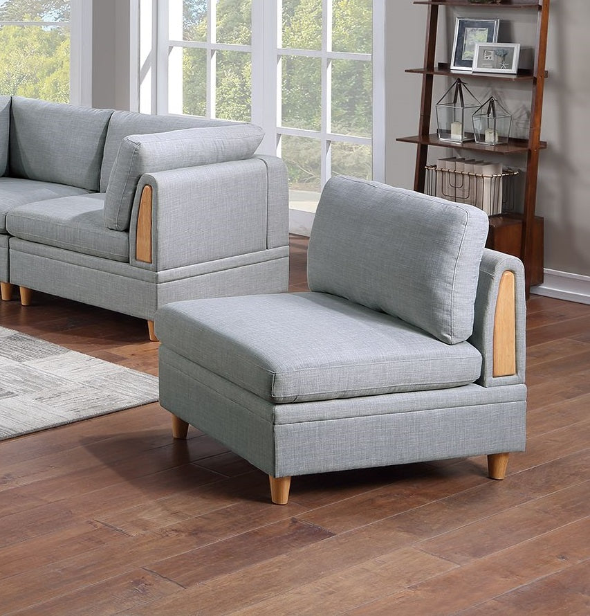 Grey fabric modular sofa armless chair with light wood accents