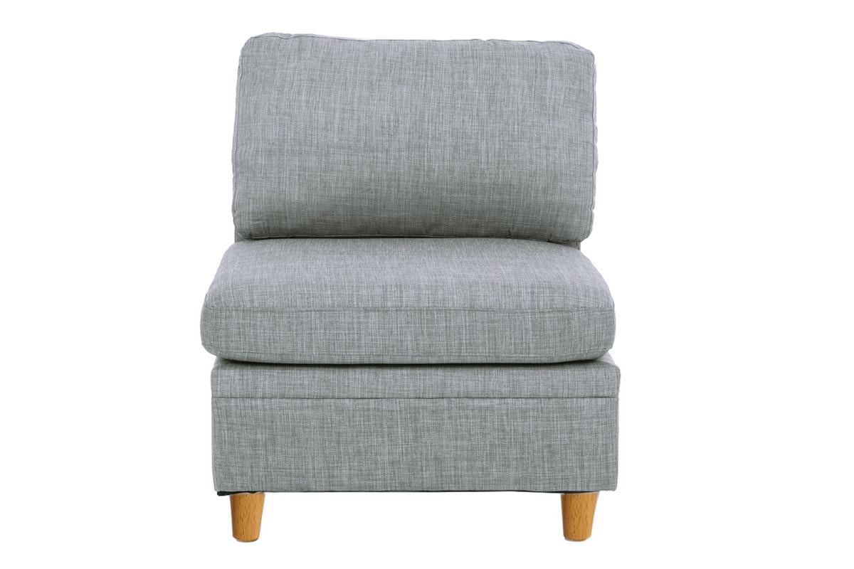 Modern grey fabric accent chair with plush cushions and wooden legs