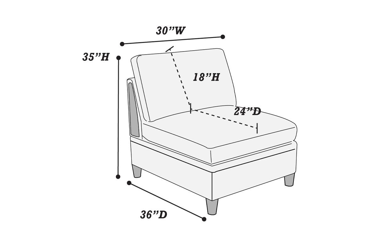 Line drawing of a modern armchair with dimensions H x W x D