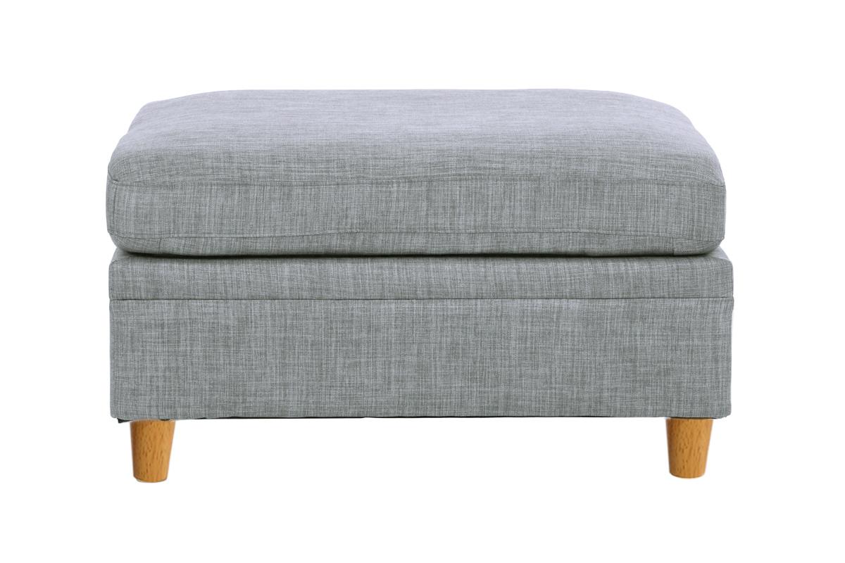 Grey upholstered storage ottoman with wooden legs