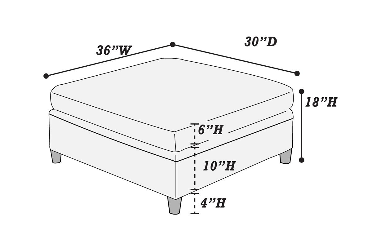 Square storage ottoman with  W x  D dimensions and  H total height