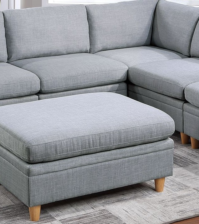 Grey fabric storage ottoman with wooden legs perfect for living rooms