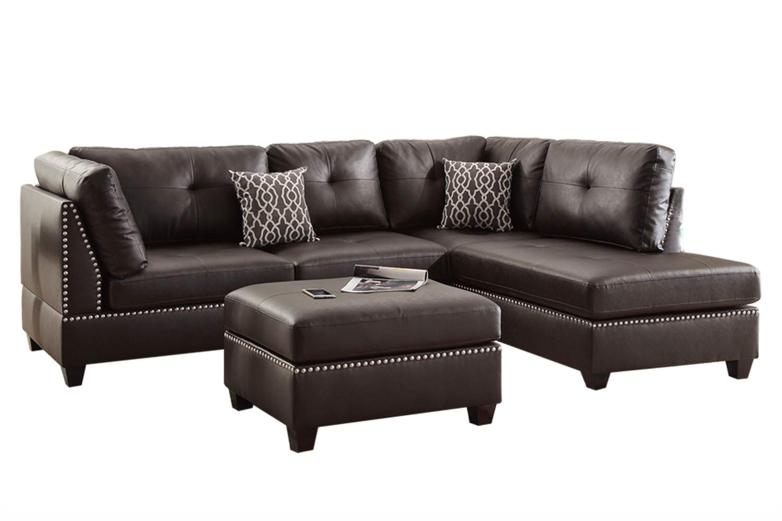 Brown leather sectional sofa with nailhead trim and matching ottoman